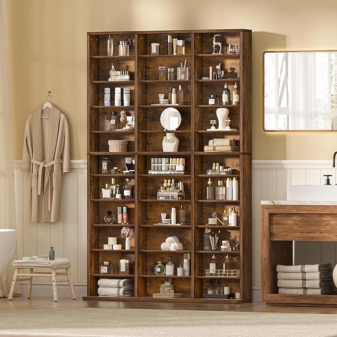LELELINKY 11 Tier Tall Display Cabinet, Brown Media Storage Cabinet with Adjustable Shelves, Free Standing DVD Organizer Shelf, Floor Multimedia Storage Manga Bookshelf for Living Room & Home Office.