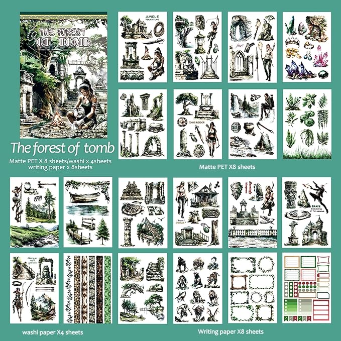 Snycler Sticker Book - 20 Sheets Vintage PET Stickers for Scrapbooking, Junk Journaling, Ephemera, and Decorative Crafts-The Forest of Tomb