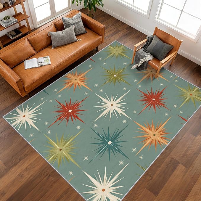 Mid Century Modern Rugs for Bedroom 7x9 ft, Starburst Area Rugs for Living Room, Washable Non Slip Low Pile Abstract Atomic Carpet, Home Decor PF-P 107