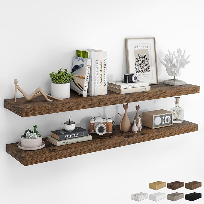 RICHFOCUS 55Inch Floating Shelves for Wall 2 Pack Shelves for Bedroom|Kitchen|Bathroom Wall Mounted Rustic Wood Floating Shelf with Invisible Brackets for Books|Storage|Decor, Rustic Brown