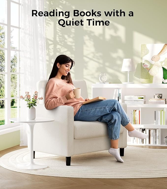Sofa Accent Chair, 33" Reading Chair for Bedroom, Tool-Free Setup Living Room Accent Chairs, Comfy Arm Chairs Living Room, All-Wood Reading Nook, Cream White