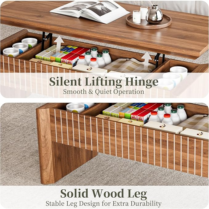 Lift Top Coffee Table with Storage, Mid Century Modern Coffee Table with Hidden Compartment, Fluted Wood Rectangle Center Table for Living Room, Home Office, Walnut (Walnut, 42.5" W)