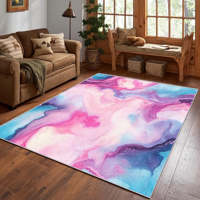 Colorful Marble Fluid Area Rug, Watercolor Abstract Pattern Carpet, Washable Non Slip Low Pile Soft Thin, Living Room Bedroom Home Decor Mat 5x8ft