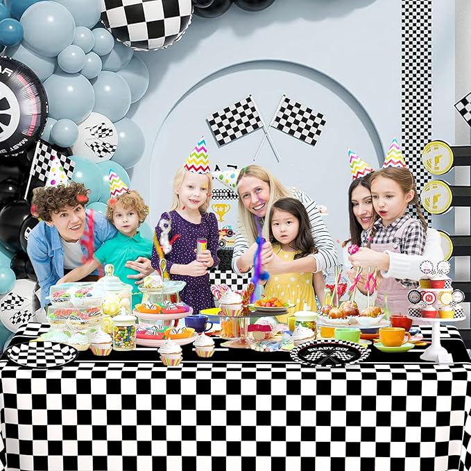 WNINK 4 Pack Race Car Table Cloth Black and White Gingham Tablecloths Disposable Plastic Buffalo Check Tablecloth Checkered Flag Covers for Birthday, Outdoor Picnic, Birthday, Camping 54 × 108 Inch