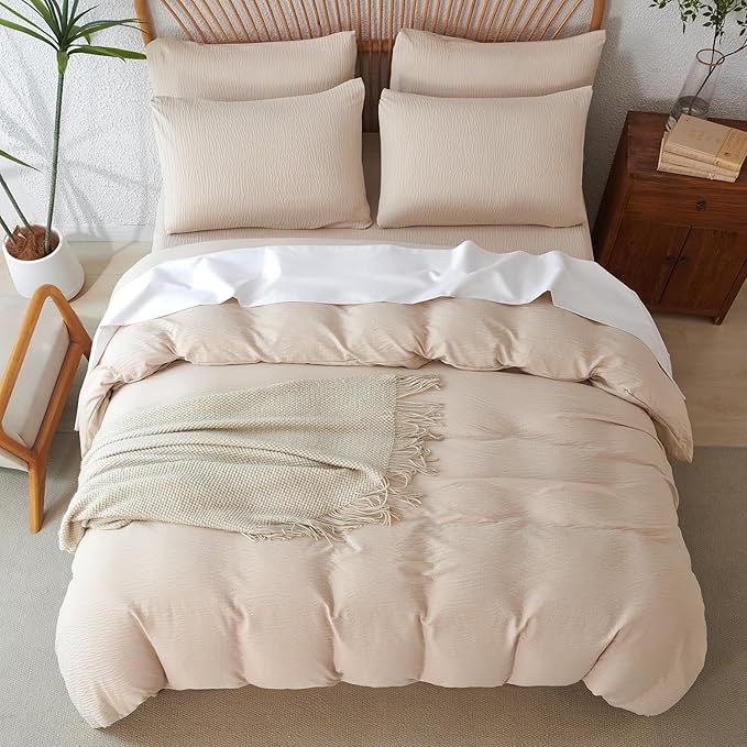 Queen Duvet Cover Set - 3 Piece Luxury Double-Layer Crinkle Gauze Bedding in Beige, All Season Soft Breathable Comfy Microfiber with Zipper Closure