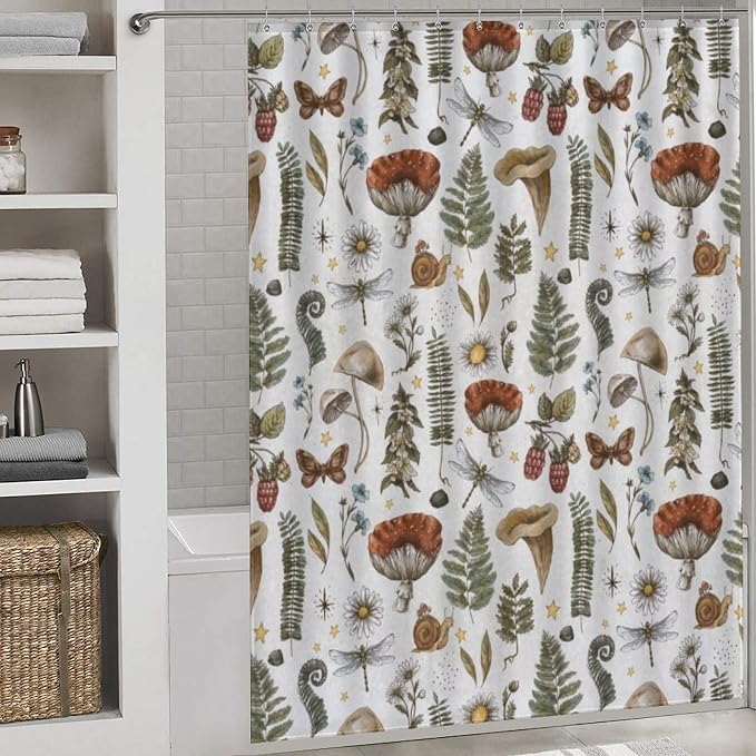 Mushroom Shower Curtain for Bathroom, Farmhouse Country Wild Floral Daisy Botanical Mushroom Cottagecore Nature Plants Herbs Retro Waterproof Fabric Shower Curtain Set with Hooks, 72"x84" Inch