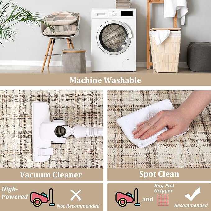 Washable Area Rug 6x9 Rug for Living Room Soft Bedroom Rug Modern Plaid Beige Rugs Non Slip Throw Rugs Non Shedding Stain Resistant Carpet for Nursery Dining Room Office 6'x9' Beige