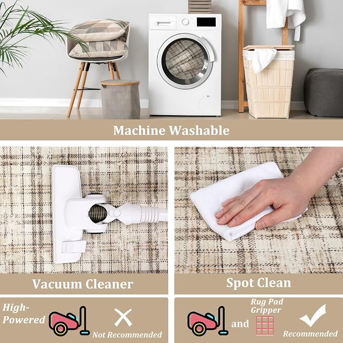 Washable 5x7 Soft Plaid Traditional Tartan Area Rug - Non Shedding, Non Slip, Stain Resistant, for Living Room, Bedroom, Nursery, Office - Beige