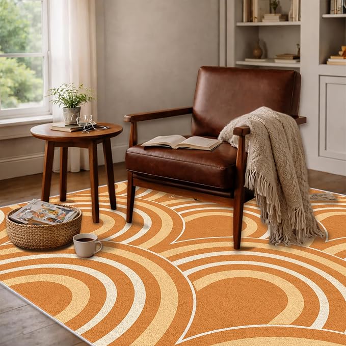 Terracotta Arch Area Rug 4 x 6 ft, Mid-Century Modern Geometric Rug, Burnt Orange Cream Abstract Washable Rug, Soft Low Pile Non-Slip Carpet for Living Room Bedroom