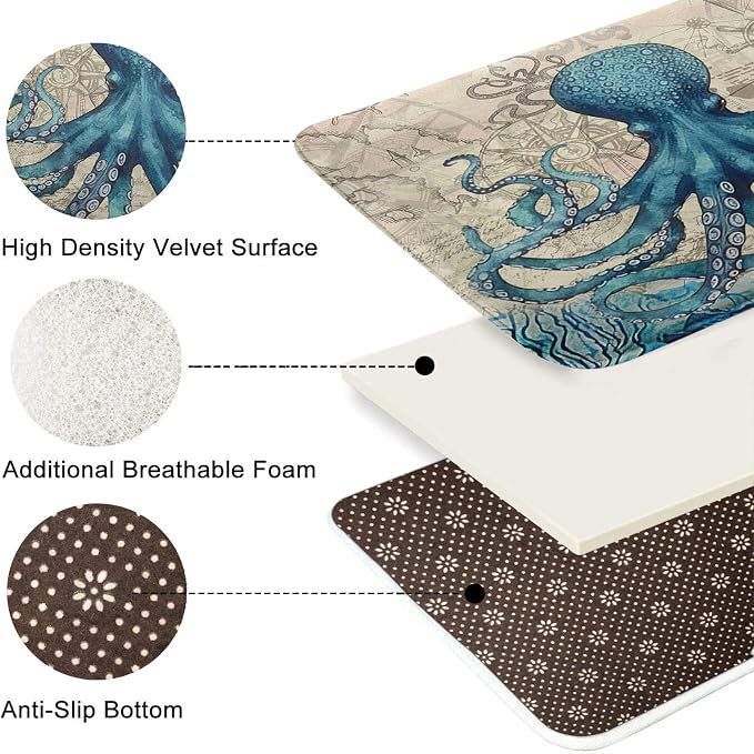 Britimes Blue Bath Mat for Bathroom Sea Theme Octopus Washable Floor Rug Carpets Floor Mat Bathroom Decorations 16x24 inches for Kitchen Bedroom Indoor