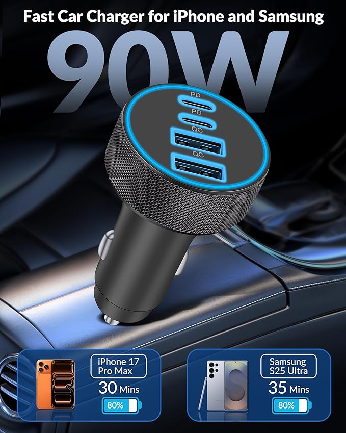 [4 in 1] USB C Car Charger, 4-Port 90W Super Fast Charging Cigarette Lighter Adapter, Dual 45W USBC & USB-A Multiport Car Phone Charger Accessories for iPhone 17 16 15 14 13 12, iPad, Galaxy, Tablet