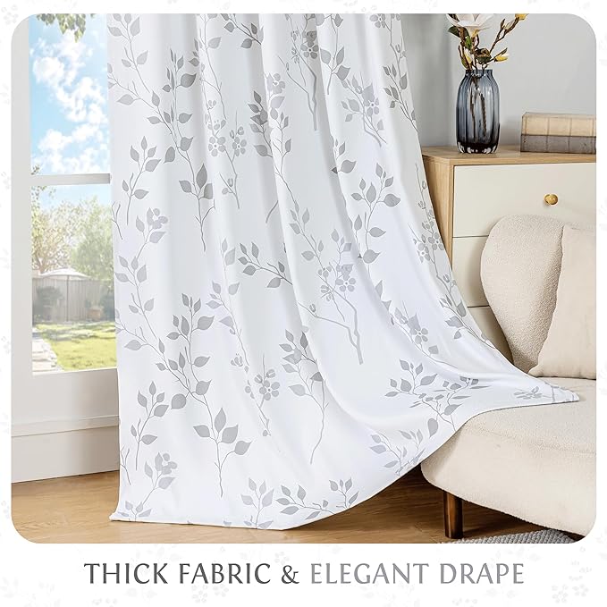 Beauoop Floral 100% Blackout Curtains 96 Inches Long 2 Panels for Bedroom Living Room Grey White Flower Patterned Room Darkening Thermal Insulated Soundproof Grommet Window Treatments Drapes, 52X96