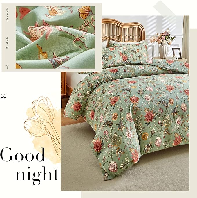 LifeTB Vintage Garden Floral Comforter Set Twin XL Chic Vibrant Green Floral Bedding Comforter Fluffy Soft Bohemian Flower Botanical Comforter with 2 Pillowcases Boho Farmhouse Bed Comforter Set