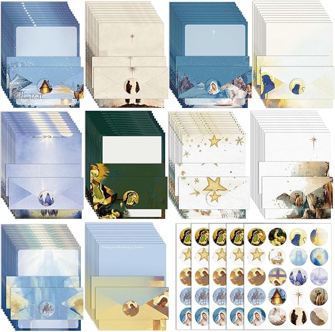 EggSun 250Pcs Christmas Stationery Paper and Envelope Set with 100 Letterhead Papers and 50 Envelopes, 10 Design for Letter Writing Invitations Computer Holidays Party Notes, 8.5x11 Inch-Nativity