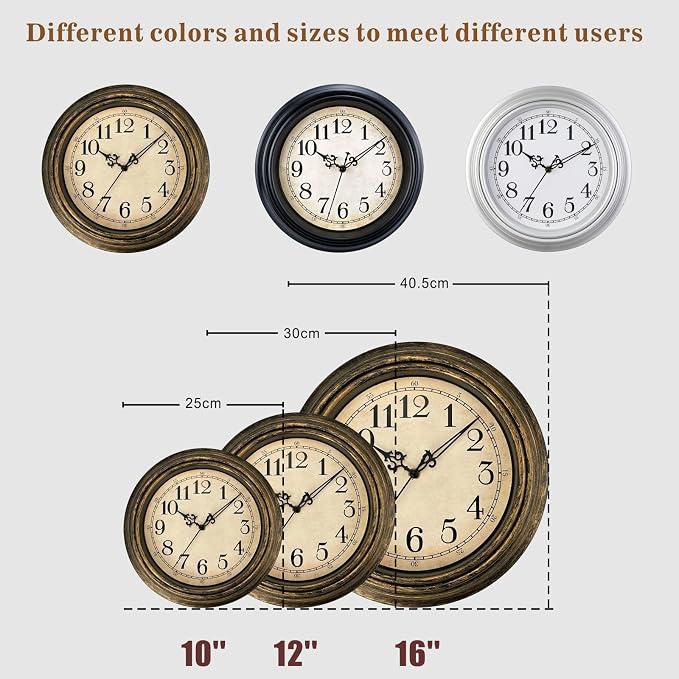 Plumeet Extra Large Retro Wall Clock, 16'' Non Ticking Classic Silent Vintage Wall Clocks Decorative Kitchen Living Room Bedroom - Battery Operated