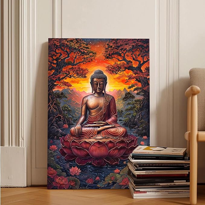 Golden Buddha on lotus seat serene meditation statue amidst lush trees flowing water and sunrise light spiritual home art for a tranquil decor 20x30in Wood Framed