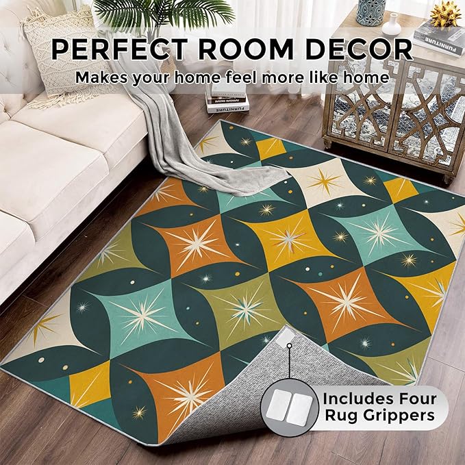 Mid Century Modern Rugs for Bedroom 8x10 ft, MCM Atomic Area Rugs for Living Room, Washable Non Slip Low Pile Large Abstract Geometric Carpet, Home Decor PF-P 107