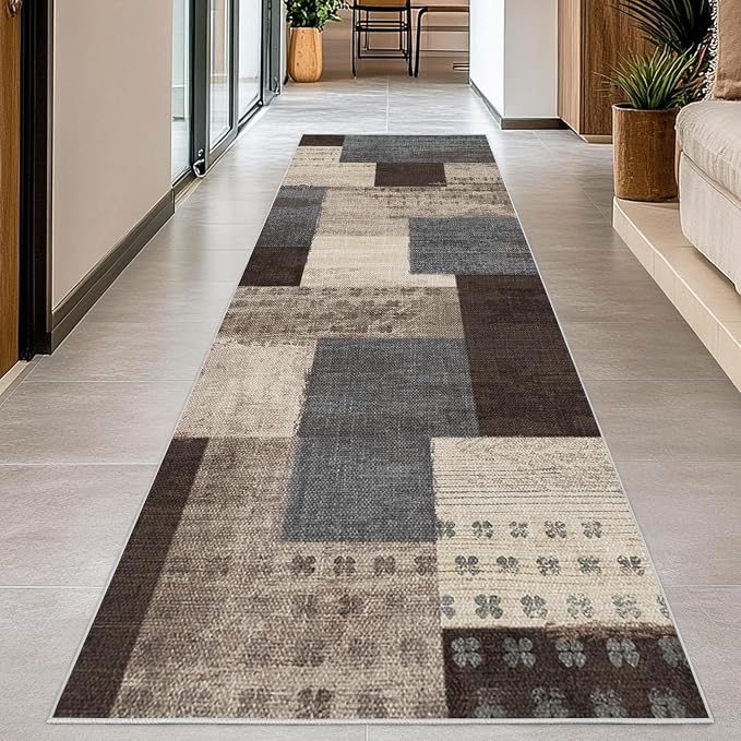 Modern Geometric Patchwork Indoor Runner Rug for Living Room, Blue-Taupe 2'x 6' Rug Rockwood Collection Hardwood Floors Decor for Bedroom, Blue Throw Carpet for Office Entryway Dining Room