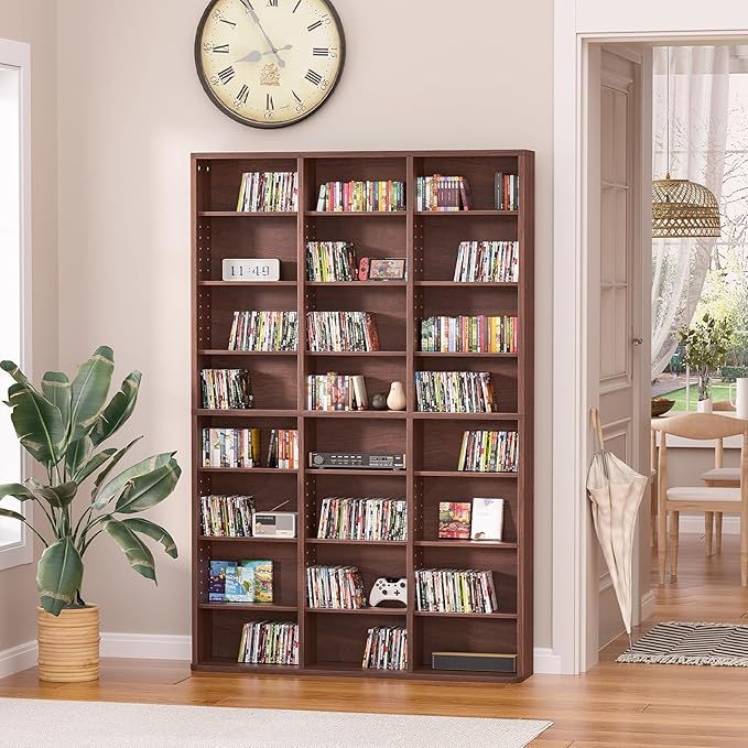 LELELINKY 8 Tier Tall Display Cabinet, Walnut Media Storage Cabinet with Adjustable Shelves, Free Standing DVD Organizer Shelf, Floor Multimedia Storage Manga Bookshelf for Living Room & Home Office.
