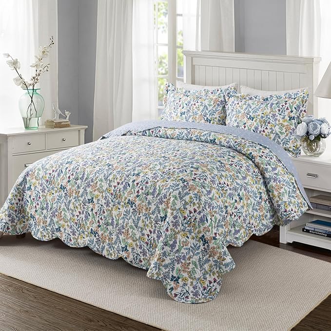 Travan 3-Piece Quilt Set Quilted Bedspread Lightweight Coverlet Set Garden Style Floral Printed Oversized Quilted Bedding Set for All Season, Secret Garden, Queen Size
