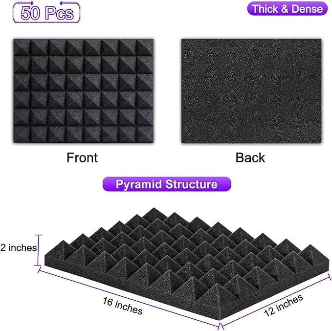 TroyStudio Thick Acoustic Foam Panels, 16 X 12 X 2 Inches 50 Pcs Pyramid Sound Absorbing Foam, Dense Soundproof Padding Tile, Recording Studio Foams Absorber, Decorative 3D Wall Ceiling Panel