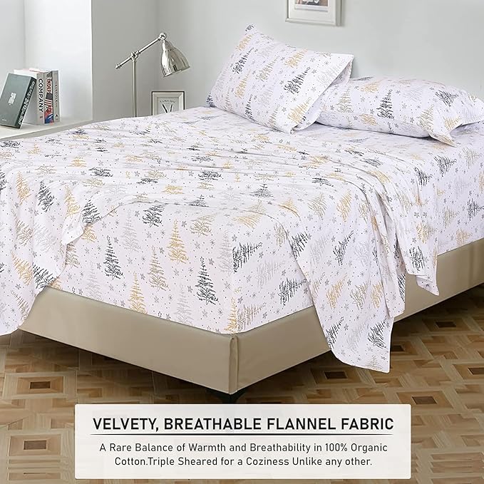 RUVANTI Flannel Sheets California King Size - 100% Cotton Brushed Cal King Bed Sheets Set - Deep Pockets 14 Inches - All Seasons Breathable & Extra Soft - Warm & Cozy, 4 Piece, Christmas Tree