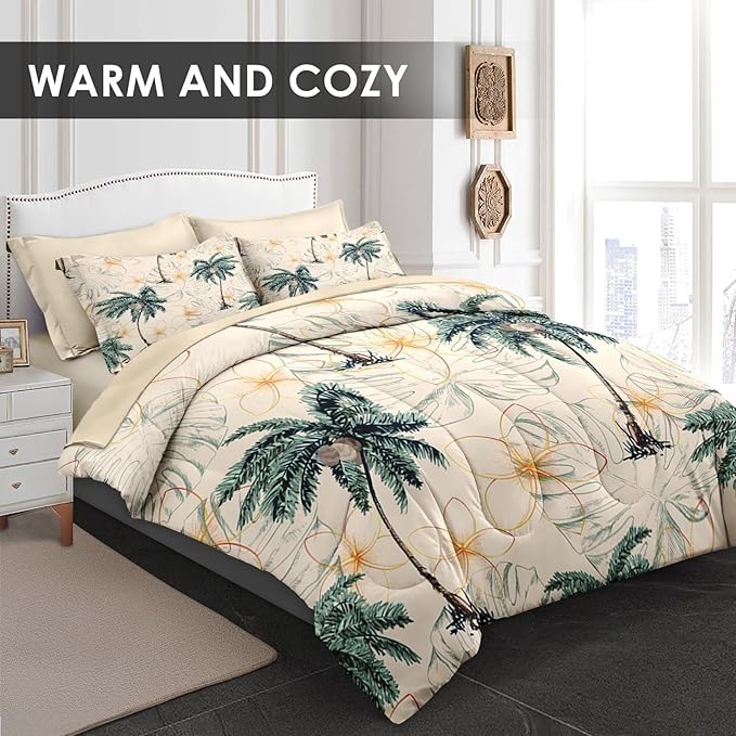 Comforter Set King Size, Tropical Botanical Palm Summer 7 Pcs Bedding for Kids and Adults, Hawaiian Coconut Tree Bed Sheet Sets with Fitted Sheet 2 Pillowcase & 2 Sham for Bedroom Bed Decor