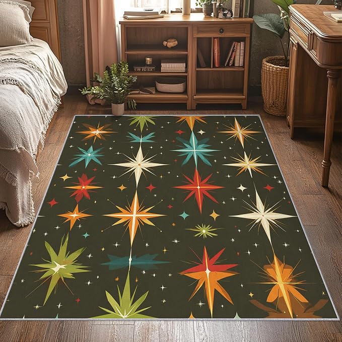 Atomic Rugs for Bedroom 8x10 ft, Abstract Starburst Area Rugs for Living Room, Washable Non Slip Low Pile Large Mid Century Modern Carpet, Home Decor PF-P 107