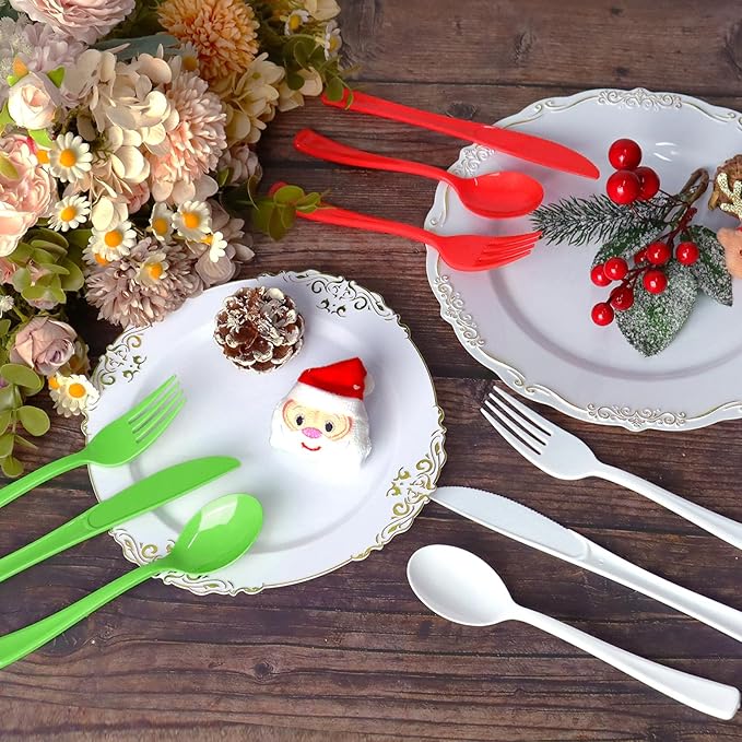 153 Pcs Christmas Plastic Silverware Heavy Duty Disposable Tableware Sets Includes Spoons Forks Knives for Christmas Party Supplies (Red, Bright Green, White)