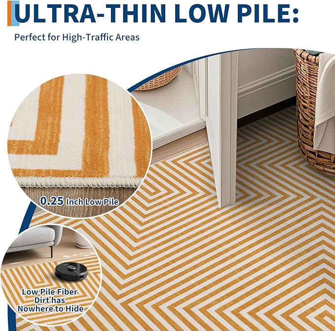 Washable Modern Lines Rug 9x12 Area Rug for Living Room Neutral Modern Geometric Rugs Low Pile Soft Bedroom Carpet Thin Foldable Abstract Floor Carpet for Dining Kids Room Playroom, Orange Yellow