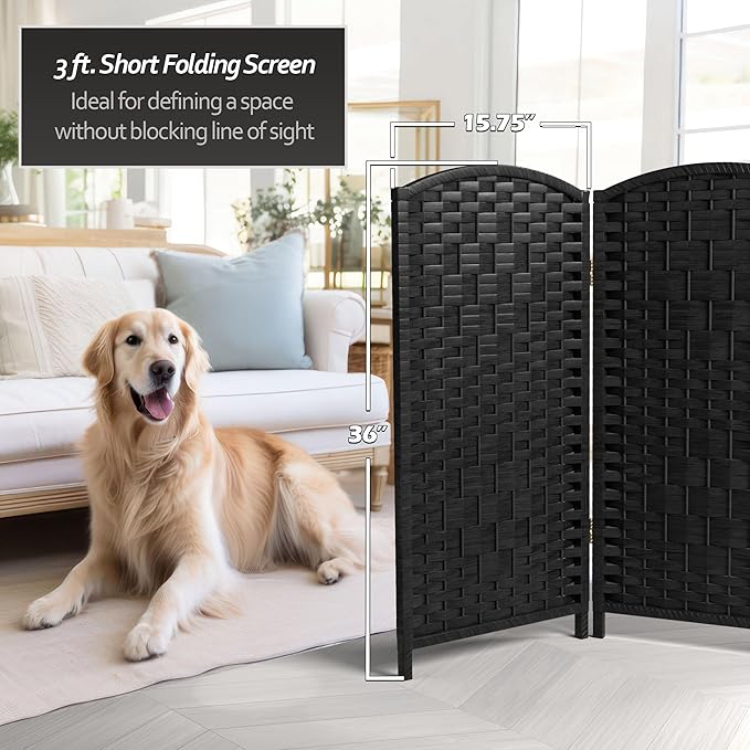 Red Lantern 3 ft. Short Diamond Weave Fiber Folding Screen - Black - 4 Panel