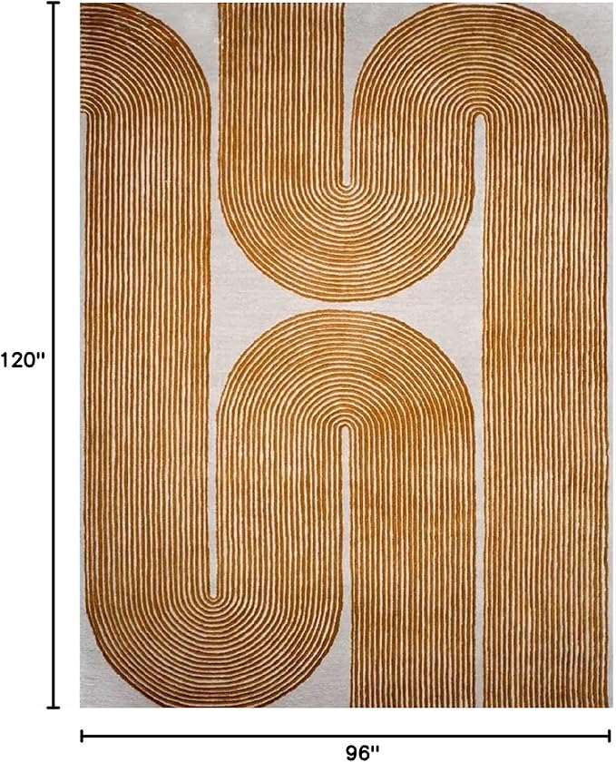 Modern Handmade Wool Area Rug, Abstract Curved Line Geometric Carpet for Living Room Bedroom, Contemporary Tufted Indoor Rug with Soft Pile and Cotton Backing (Gold, 10' x 14')