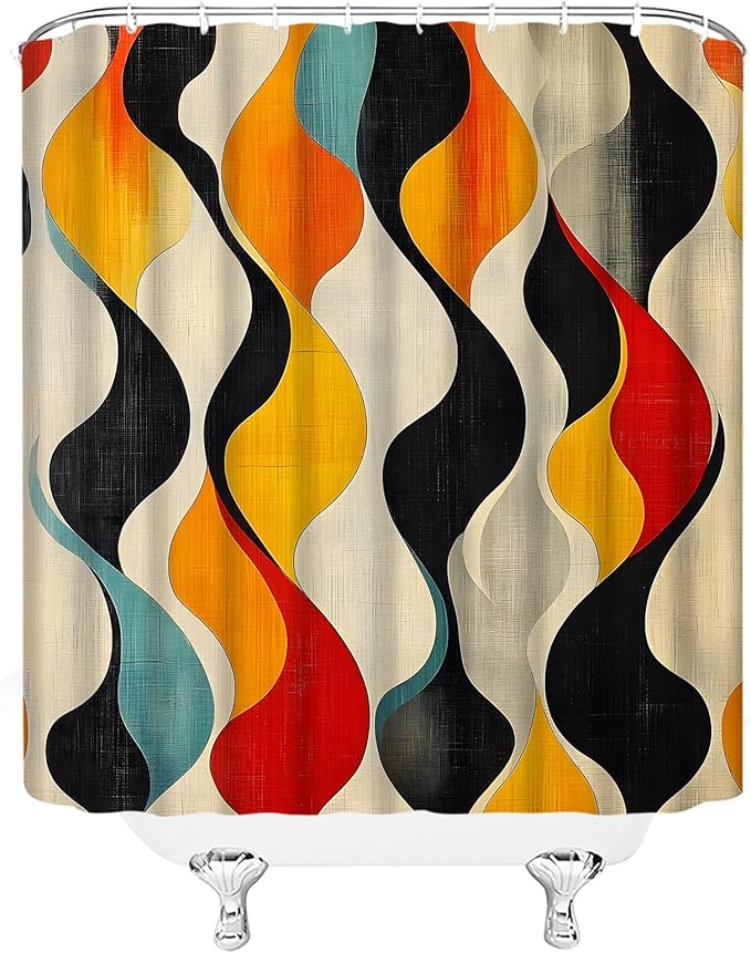 Mid Century Shower Curtain Boho Minimalist Modern Abstract Aesthetic Geometric Striped Atomic Retro Earthy Fabric Bathroom Decor Set with Hooks(36" WX70 H)
