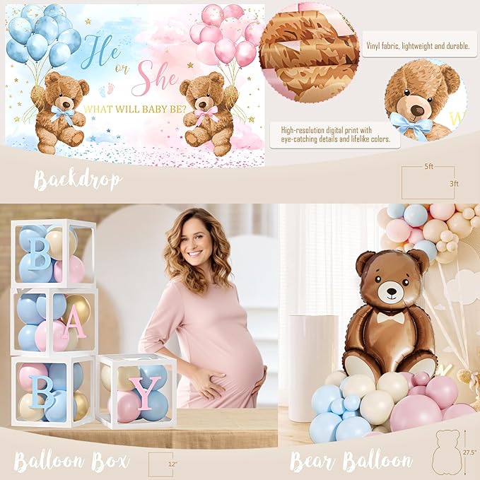 Bear Gender Reveal Decorations, He or She Baby Gender Reveal Party Decoration, Boy or Girl Bear Theme Party Supplies, Backdrop BABY-Box Tablecloth Mom to Be Sash Dad to Be Pin Balloon Arch