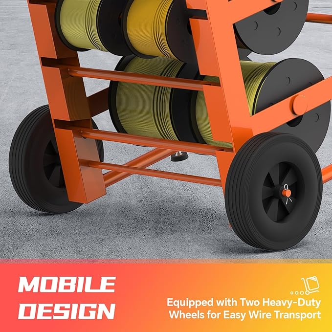 Tredre Wire Spool Rack with Wheels, Heavy Duty Cable Holder with 11 Rods – Mobile Multi-Spool Wire Rack Dispenser with Wheels and Storage Box for Efficient Workplace Cable Management, Orange