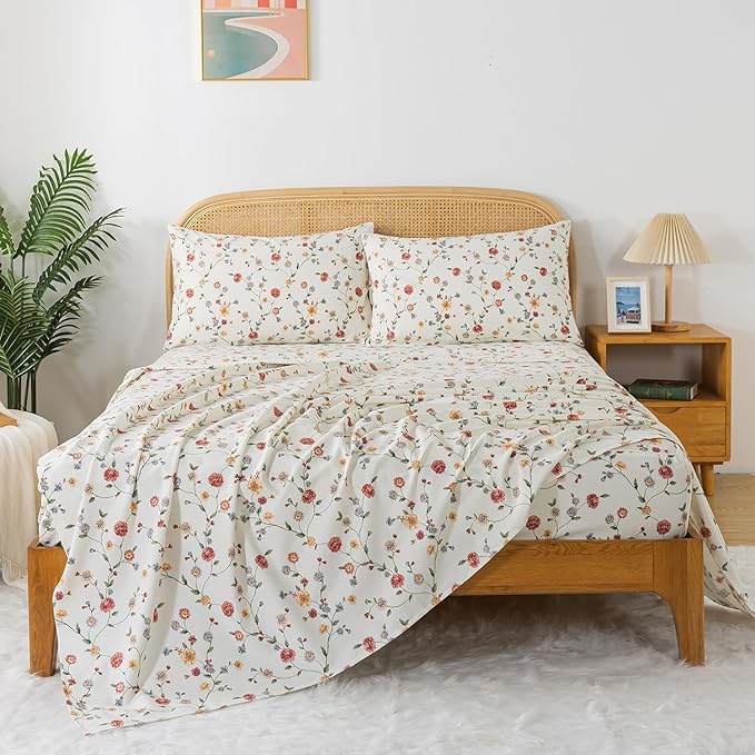 Zusbest California King Size Sheet Sets 100% Percale Cotton Off White Floral Bed Sheet, Brushed for Extra Softness, Breathable Flannel Sheets Like Pink Flower Print Deep Pocket Sheets 17.5'' 4 Pcs