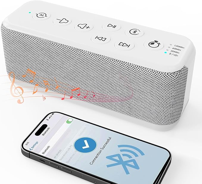 White Noise Sound Machine with Bluetooth,3000mAh Battery Powered,40H Long Lasting,Hi-Fi Audio,30/60/120m Timer,Wireless Portable Sleep Sound Machine for Adults/Baby,Type-C Rechargeable,Headphone Jack