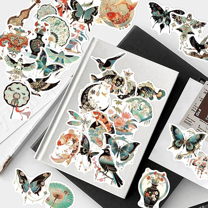 50PCS Vintage Chinoiserie Art Stickers，Chinese Elements Aesthetic Stickers，Vinyl Waterproof Decal,Perfect for Kids,Teens,Water Bottle Suitcase Phone Skateboard Guitar Bike Laptop Scrapbook