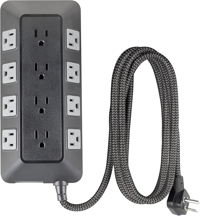 GE UltraPro 12-Outlet Surge Protector, 8 Ft Braided Extension Cord, Multi Plug Outlet Extender, Adapter Spaced, Flat Plug, for Home, Office, Dorm, 3540 Joules, Black, 81784