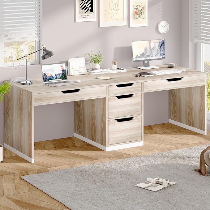 Two Person Desk with 5 Drawers, Double Desk with Storage for 2 People, 78 Inch Extra Long Computer Desk Workstation with File Drawer for Home Office, White and Walnut