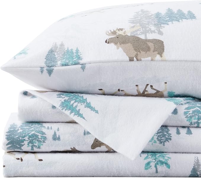 Market & Place 100% Turkish Cotton Flannel Sheet Set | 4 Piece Deep Pocket Novelty Cozy Winter Bed Sheets | Double Brushed for Extra Softness & Comfort | Alpine Collection (Queen, Moose)