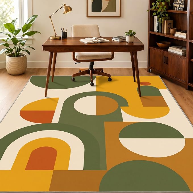 Mid Century Area Rug 5x6, Home Decor | Olive Mustard Bauhaus Circle, Retro Geometric Rug for Living Room, Bedroom, Home Office, Non Slip, Washable, Low Pile
