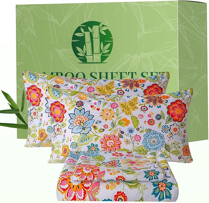 Bedlifes Full Floral 4-Piece Sheet Set - Cooling Sheets Blend Rayon Derived from Bamboo,Soft & Breathable, Deep Pocket 16", Wrinkle Resistant - Vibrant Boho Floral Spring Design