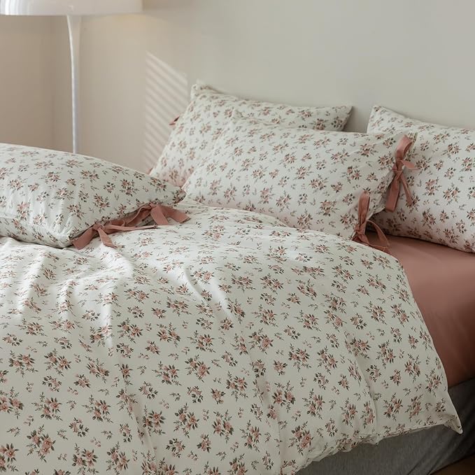 Pink White Duvet Cover Full Floral Print Blush Pink Flower Duvet Cover with 2 Bow Ties Pillowcases 100% Cotton Girls Cottagecore Bedding Set Vintage Country Botanical Floral Comforter Cover Full Size