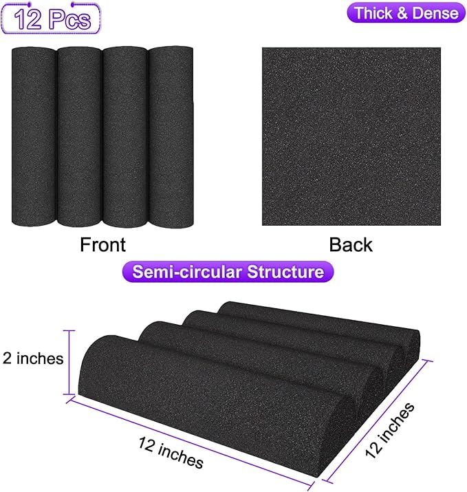 TroyStudio Thick Acoustic Foam Panels, 12 X 12 X 2 Inches 12 Pcs Circle Sound Absorbing Foam, Dense Soundproof Padding Tile, Recording Studio Absorber, Decorative 3D Wall Ceiling Panel