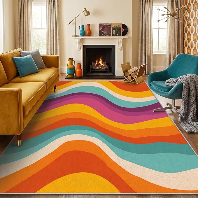Retro 70s Area Rug 6x9, Mid Century Modern Abstract Wavy Carpet, Colorful Rainbow Swirl Rug for Living Room Bedroom Office, Non-Slip Washable Indoor Floor Mat