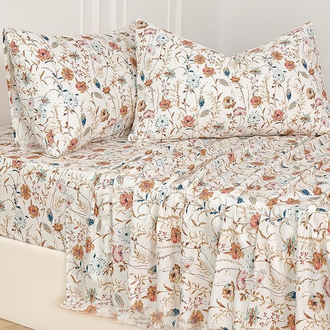 Zusbest California King Sheets Set 100% Percale Cotton - Boho Floral Botanical Printed Bedding with Deep Pocket 17.5'', Vintage Burnt Orange & Teal Design, 4-Piece Soft Breathable Sheets