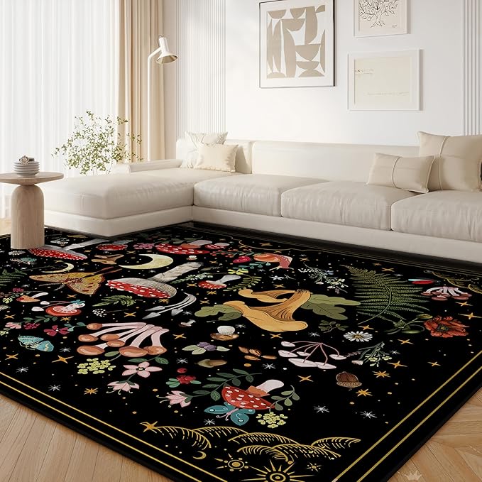 Mushroom Moth Area Rugs for Living Room Dining Room Bedroom Farmhouse, 8'x10' Non-Slip Machine Washable Black Living Room Rug Carpet, Witchy Decor Aesthetic