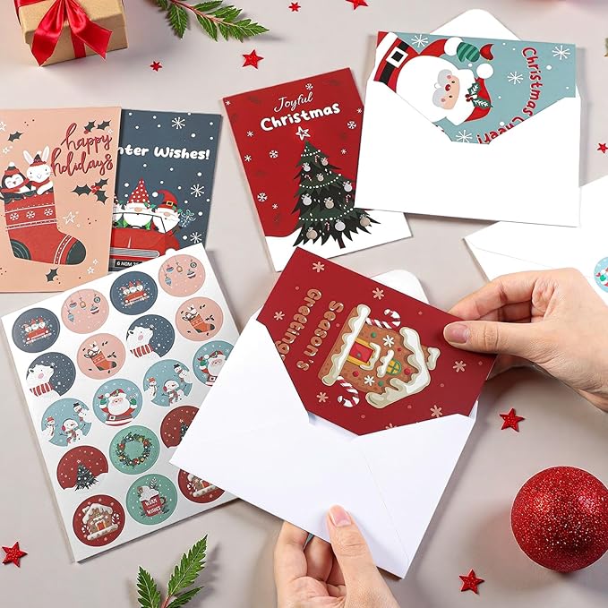 Thboxes 40 Pack Christmas Cards with Envelopes, 4x6 Inch Merry Christmas Cards, Funny Holiday Card with Envelopes & Stickers, 10 Assorted Designs Greeting Card for Xmas