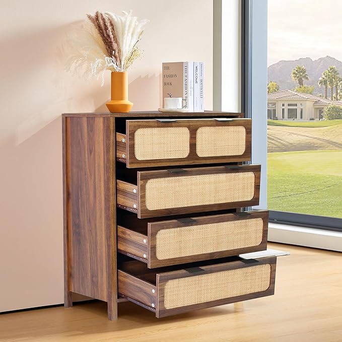LEVNARY 4 Drawer Dresser for Bedroom, Rattan Dresser Drawers Storage Cane Cabinet, Wooden Chest of Drawers for Bedroom, Entryway, Living Room (1, Walnut)
